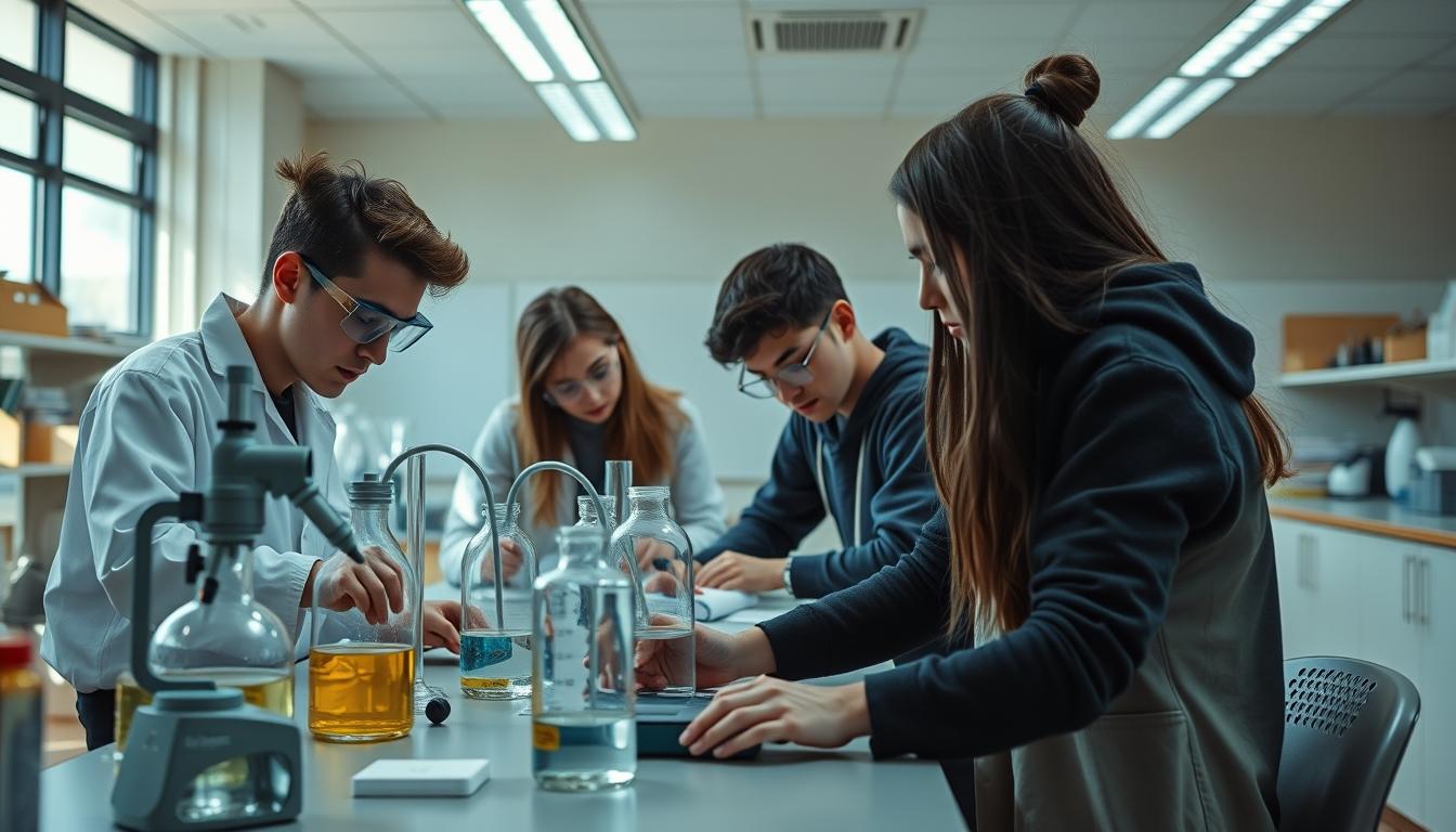 Students studying together in modern classroom